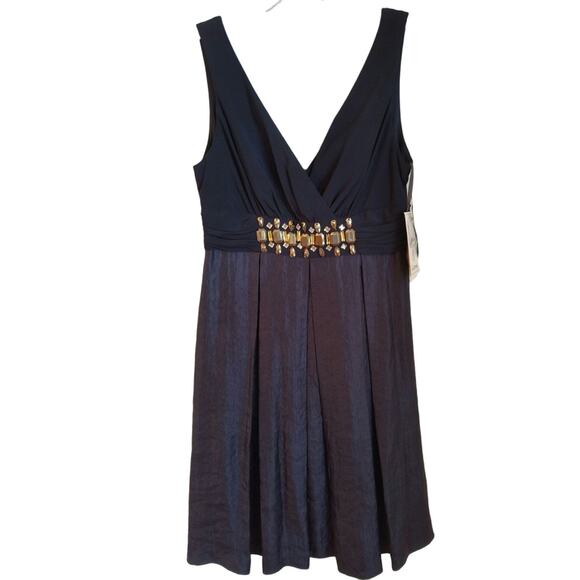 NW Collections Cocktail Dress Women's Sz 14 Navy Sleeveless Pleated Embellished - Picture 1 of 16